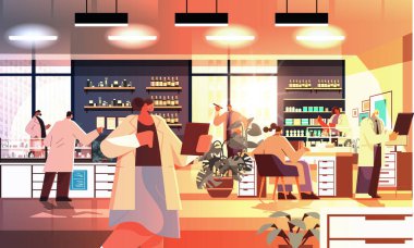 Yarış doktorları üniformalı eczacılar modern eczane iç hastalıkları sağlık konsepti yatay vektör çizimi üzerinde birlikte çalışıyorlar.