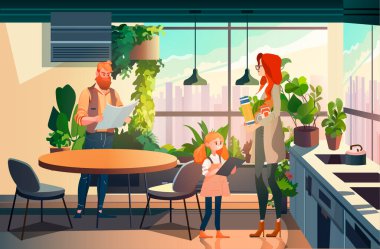 Küçük kızı olan ebeveynler birlikte mutlu aile kavramı modern mutfak tam boy vektör çizimi