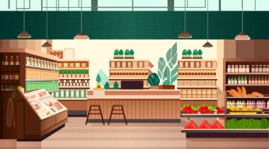 market süpermarketi ürünleri raflar perakende tüketim konsepti modern mağaza iç mekan yatay vektör illüstrasyonu