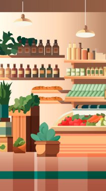 Market ürünleri rafları perakende tüketim konseptini modern mağaza iç mekan dikey vektör illüstrasyonu