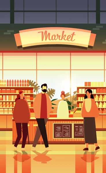 Mélange Race Gens Groupe Choisissant Épicerie Alimentaire Dans Les Supermarchés — Image vectorielle