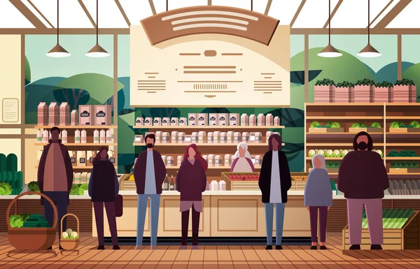 Groupe Personnes Choisissant Épicerie Alimentaire Dans Les Supermarchés Modernes Hommes — Image vectorielle