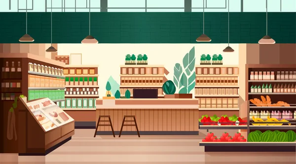 Supermercado Comestibles Con Productos Estantes Concepto Consumismo Por Menor Tienda — Vector de stock