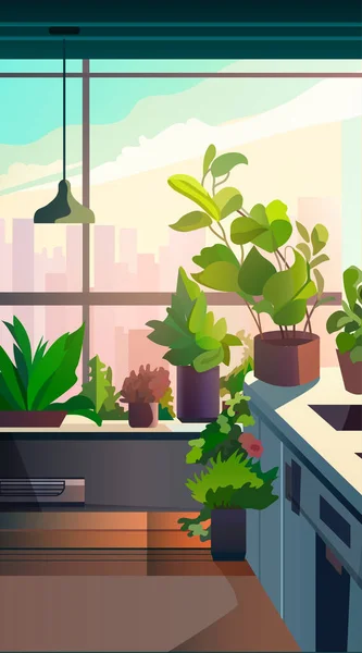 Gewächshaus Topfpflanzen Auf Tisch Gartenkonzept Wohnzimmer Interieur Vertikale Vektor Illustration — Stockvektor