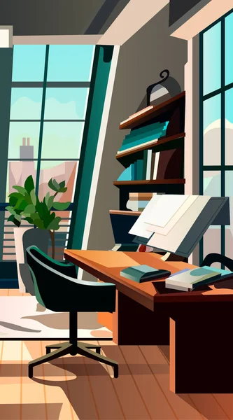 Gabinete Moderno Interior Oficina Habitación Gabinete Casa Freelancer Con Muebles — Vector de stock