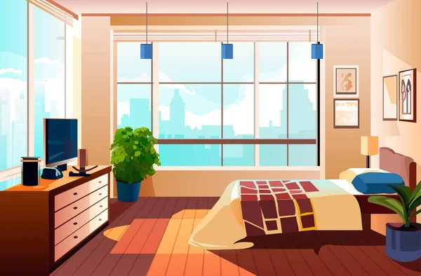Moderno Dormitorio Interior Vacío Personas Casa Habitación Con Muebles Horizontal — Vector de stock