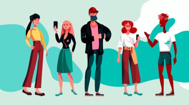 Irkçıları akıllı telefonlarla karıştır erkekler bir arada dursun kadınlar cep telefonu dijital bağımlılık kavramını tam boy yatay vektör illüstrasyonunu kullansın