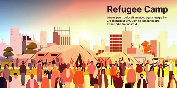 混合种族人群聚集在难民营向难民提供人道主义援助的慈善捐赠卡车和营地帐篷 供他们睡觉和志愿使用横向复制空间矢量图解 — 图库矢量图片