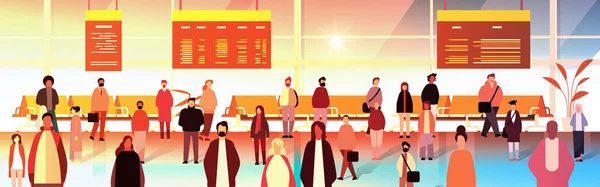 Multiétnico Pessoas Grupo Mistura Raça Homens Mulheres Passageiros Aeroporto Terminal —  Vetores de Stock
