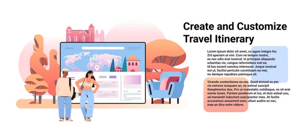 Turisté Pár Plánování Cesty Cesta Vytvořit Přizpůsobit Cestovní Itinerář Koncept — Stockový vektor