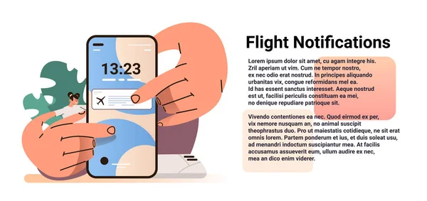 Flicka Med Smartphone Får Meddelande Flygbiljetter Rabatt Flyg Anmälningar Flygplan — Stock vektor
