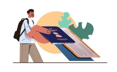 Pasaportu olan Hintli turist ya da uçuş bileti olan adam seyahat konsepti konsepti yatay portre çizimine izin veren belgeleri veriyor.