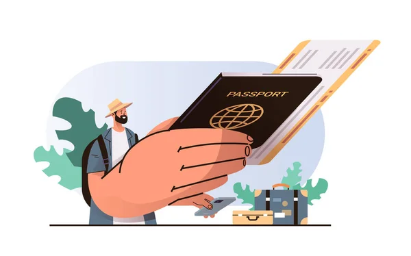 허가증이나 비행기 소지하고 여권을 여행을 수있는 서류를 제공하는 초상화 여행을 — 스톡 벡터