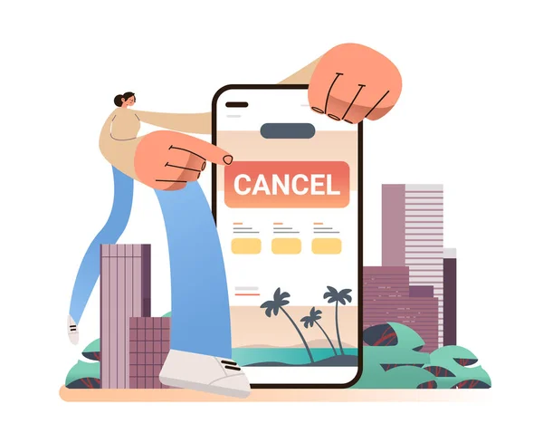 Mulher Cancelar Uma Reserva Hotel Aplicativo Viagem Tela Smartphone Horizontal —  Vetores de Stock