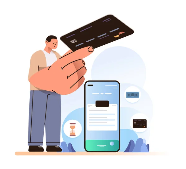 Man Holding Credit Card Shopping Online Guy Adding Payment Details — Stockový vektor