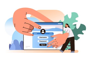 kadın giriş sosyal medya uygulama mobil veya bilgisayar uygulama kullanıcıları kullanıcı adı ve parola çevrimiçi kayıt girerek bir hesap konsepti yatay vektör ilülasyonu oluşturur