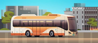 Şehir otobüsü modern toplu taşıma aracı kentsel ve kırsal trafik konsepti hareketli şehir manzarası yatay vektör resimlemesi