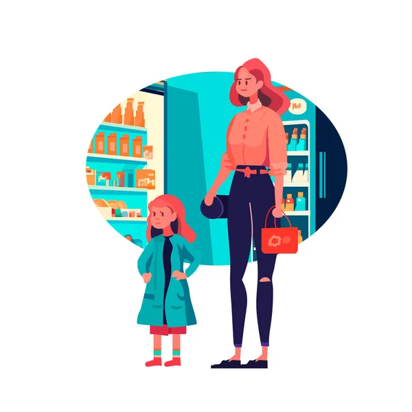 Mère Petite Fille Achats Supermarché Avec Des Produits Dans Panier — Image vectorielle