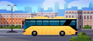 Şehir otobüsü modern toplu taşıma aracı kentsel ve kırsal trafik konsepti hareketli şehir manzarası yatay vektör resimlemesi