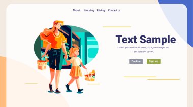 Anne ve küçük kızı marketten alışveriş yaparken market marketlerinde market ürünleri alıp market vektör çizimi alıyorlar.