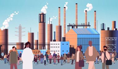 Çok ırklı insanlar grup halinde yürüyorlar açık havada yarışan erkekler kadın yurttaşlar elektrik santrali fabrikası binaları boyunca yürüyorlar ve bacaları yatay vektör çizimleri yapıyorlar.