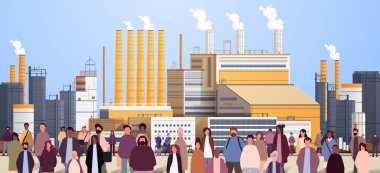 Çok ırklı insanlar grup halinde yürüyorlar açık havada yarışan erkekler kadın yurttaşlar elektrik santrali fabrikası binaları boyunca yürüyorlar bacalar yatay portre illüstrasyonu