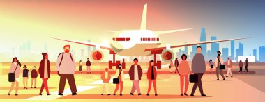 Çoklu etnik gruplar uçak karışık yarış pistinde duruyorlar. Kadınlar havaalanı terminalinde toplanıyor. Gün batımı arka plan yatay vektör çizimi.