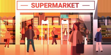 Çoklu etnik çeşitlilikte insanlar ırk erkeklerini karıştırıyor kadın müşteriler modern süpermarket yatay vektör illüstrasyonu yakınlarında toplanıyor