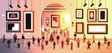 Çağdaş sanat galerisi veya müze yatay vektör ilüstrasyonunda kadınlar ırk erkeklerini birbirine karıştırıyor