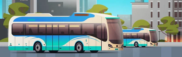 Şehir Otobüsleri Modern Toplu Taşıma Araçları Kentsel Kırsal Trafik Konsepti — Stok Vektör