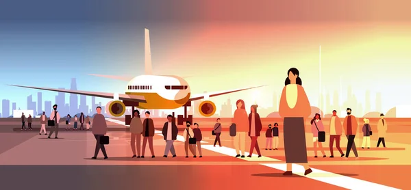 Multiétnico Pessoas Grupo Perto Avião Mistura Raça Homens Mulheres Multidão — Vetor de Stock