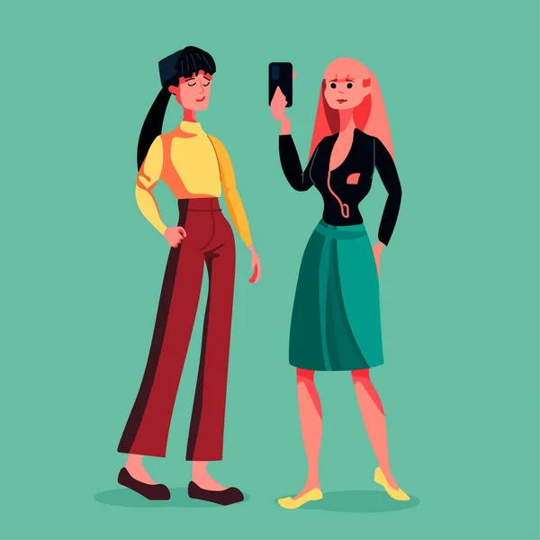 Geschäftsfrauen Mit Smartphone Stehen Zusammen Geschäftsfrauen Paar Weibliche Cartoon Figuren — Stockvektor