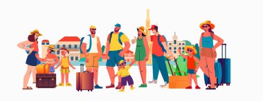Çocuklar ve bavullarla turist grubu yaz tatili tatilinde konsept yatay vektör illüstrasyonunda yan yana duruyorlar.