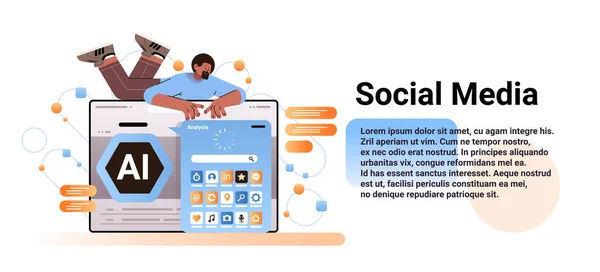 Uomo Che Utilizza Applicazioni Informatiche Sullo Schermo Social Media Comunicazione — Vettoriale Stock