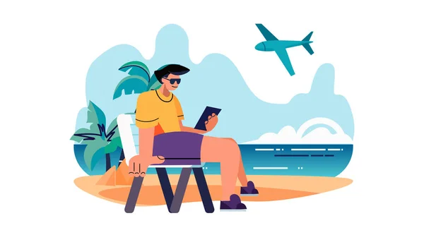 Hombre Freelancer Utilizando Teléfono Inteligente Playa Tropical Vacaciones Verano Tiempo — Vector de stock