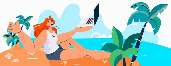 Молода Жінка Фрілансер Використовує Ноутбук Тропічному Пляжі Літні Канікули Час — стоковий вектор