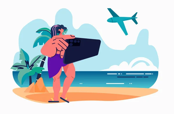 Femme Touriste Utilisant Smartphone Vacances Été Temps Voyage Concept Illustration — Image vectorielle