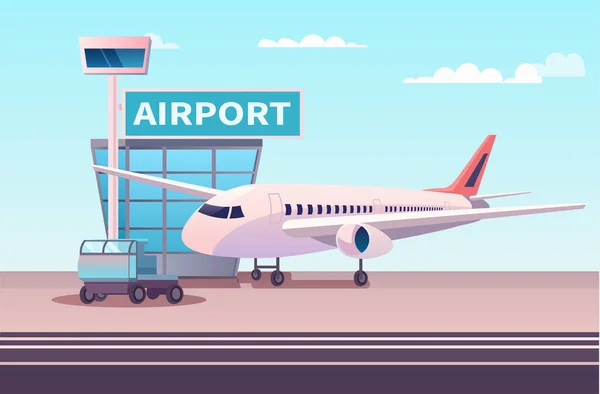 Luchthaven Terminal Met Vliegtuig Vliegende Vliegtuig Opstijgen Zomer Vakantie Concept — Stockvector