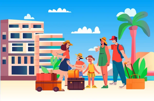 子供と手荷物を持つ幸せな家族一緒に立って夏休みの休暇の時間コンセプトベクトルイラストを旅行する — ストックベクタ