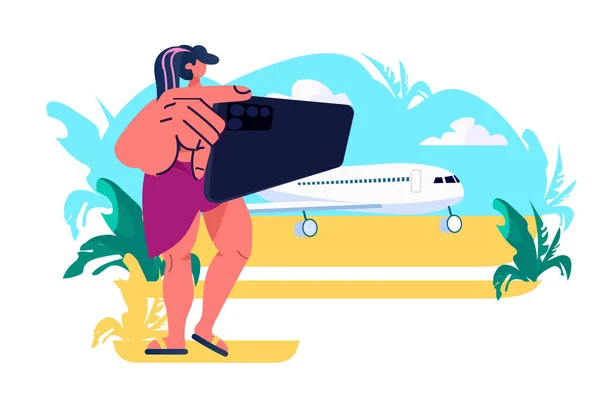 Femme Touriste Utilisant Smartphone Vacances Été Temps Voyage Concept Illustration — Image vectorielle