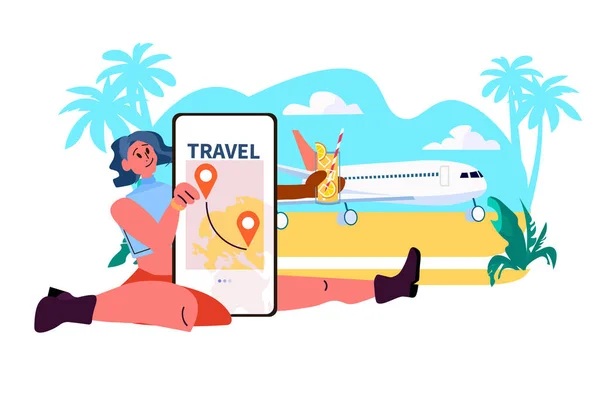 Donna Turista Utilizzando App Mobile Pianificare Viaggi Vacanze Estive Tempo — Vettoriale Stock