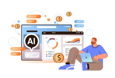 Profesyonel finans danışmanı, ai yardımcı bot yatırım para yönetimi planlama konsepti yatay vektör illüstrasyonu ile bilgisayar uygulamasında danışmanlık yapıyor