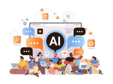 Ai yardımcı robot profil oluşturma dijital iletişim konsepti yatay illüstrasyonuyla sosyal medyada sohbet eden ırk insanlarını karıştır