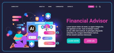 Profesyonel finans danışmanı ai yardımcı bot yatırım para yönetimi planlama konsepti yatay fotokopi alanı çizimi ile bilgisayar uygulamasında danışmanlık yapıyor