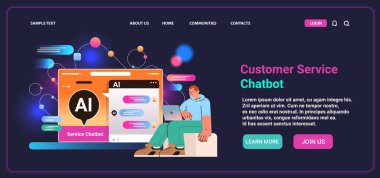 Sohbet botu ile diyalog kuran adam sorular soruyor ve cevapları alıyor ai sohbet botu müşteri hizmetleri konsepti yatay kopyalama vektör çizimi
