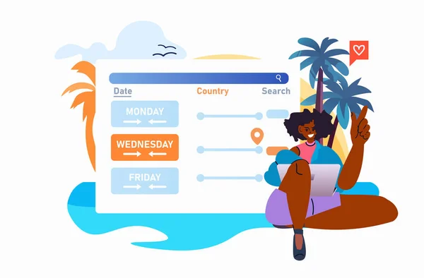 Mujer Turista Utilizando Aplicación Informática Para Planificación Viajes Vacaciones Verano — Vector de stock