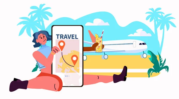 Woman Tourist Using Mobile App Planning Travel Summer Vacation Holiday — Stock Vector