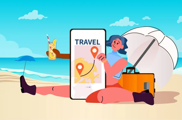 Mujer Turista Utilizando Aplicación Móvil Para Planificación Viajes Vacaciones Verano — Vector de stock