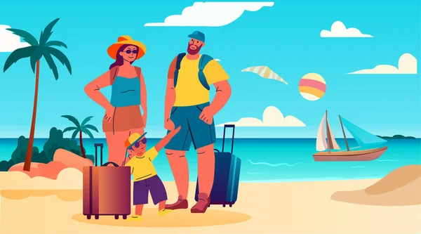 快乐的家庭带着儿子和行李一起站在热带海滩暑假时间旅行概念矢量图解 — 图库矢量图片