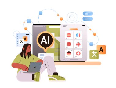kadın bilgisayar uygulamasında yabancı dil öğreniyor ai yardımcı bot eğitimi kavramı yatay kopyalama uzay vektör çizimi